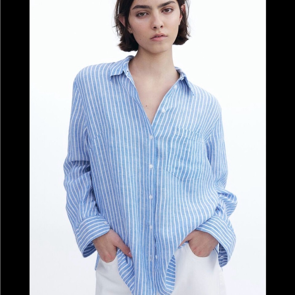 H&M Blue & White Striped Linen Coastal Grandma Button Down Shirt Women’s L